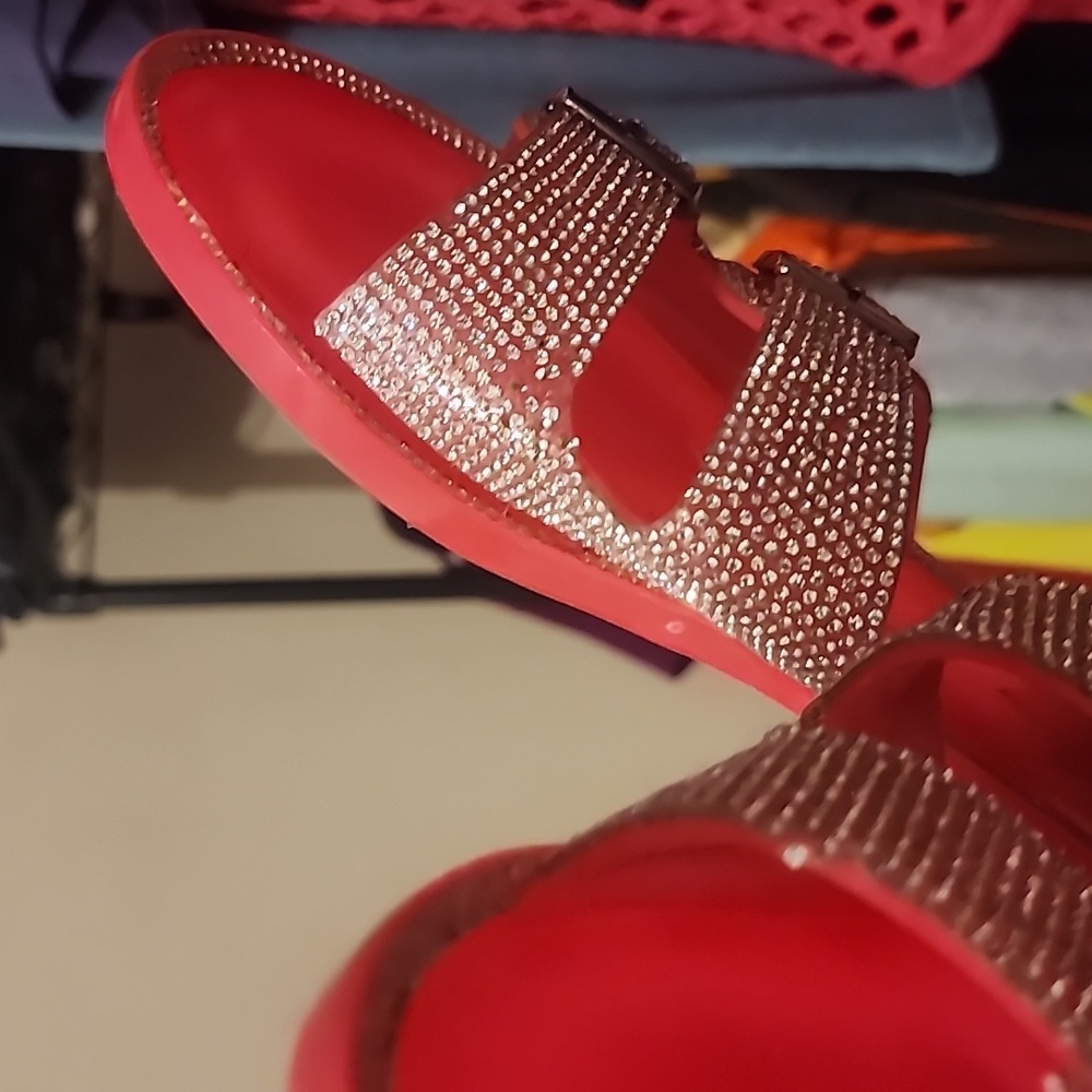 💎Pink Silver Rhinestone 2 Strap Slide Jelly Sandals💎 - Picture 4 of 4